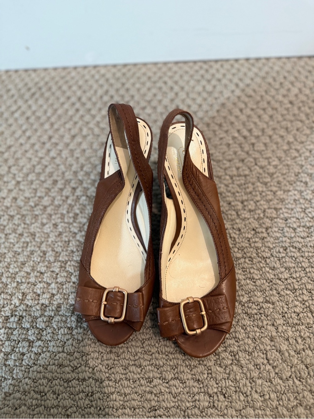 Coach Brown Leather Peep-Toe Slingback Wedge Heels